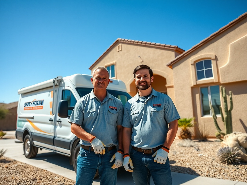 Spray foam insulation crew standing in front of a stucco desert home near Surprise, Arizona