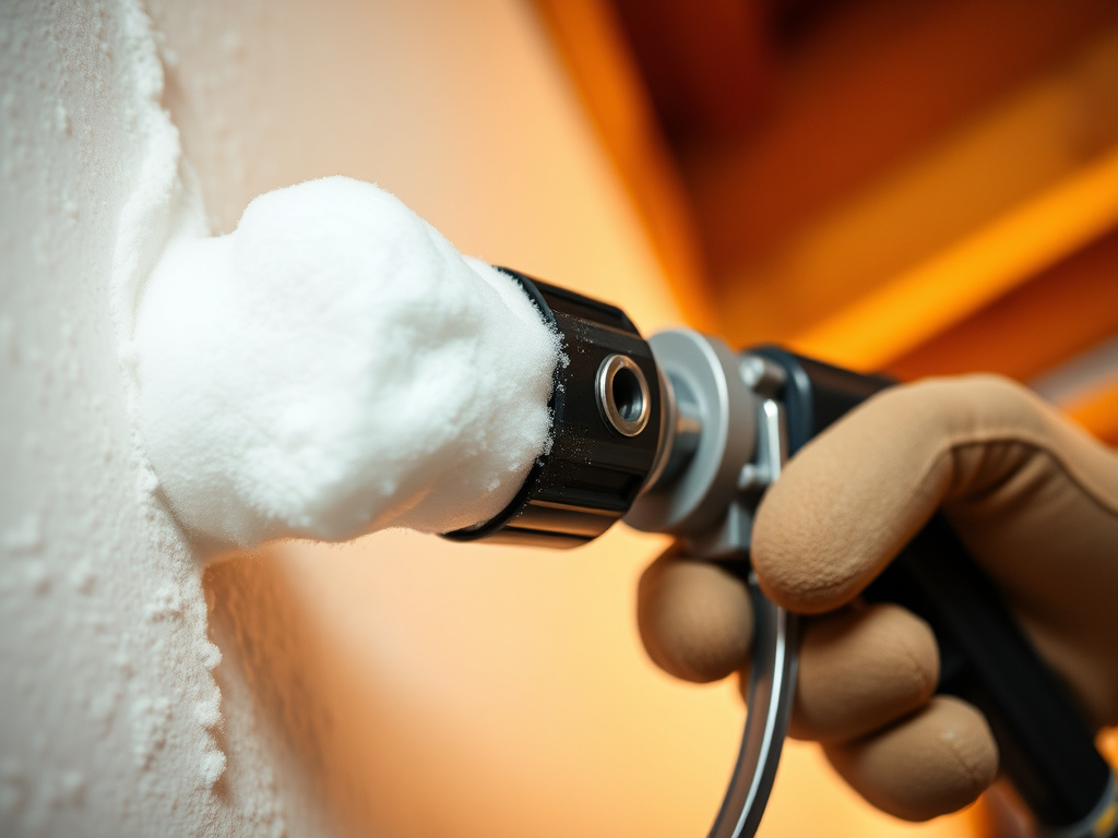 Close-up of a spray foam insulation gun applying cured foam texture