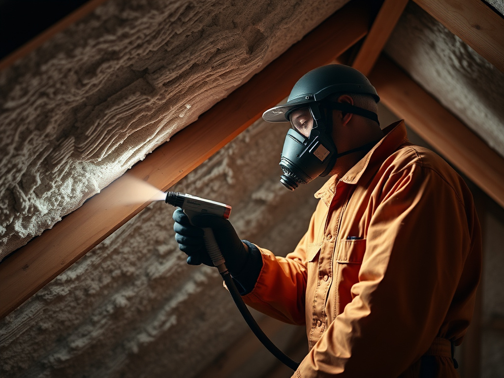 Technician spraying foam insulation onto an attic roof deck